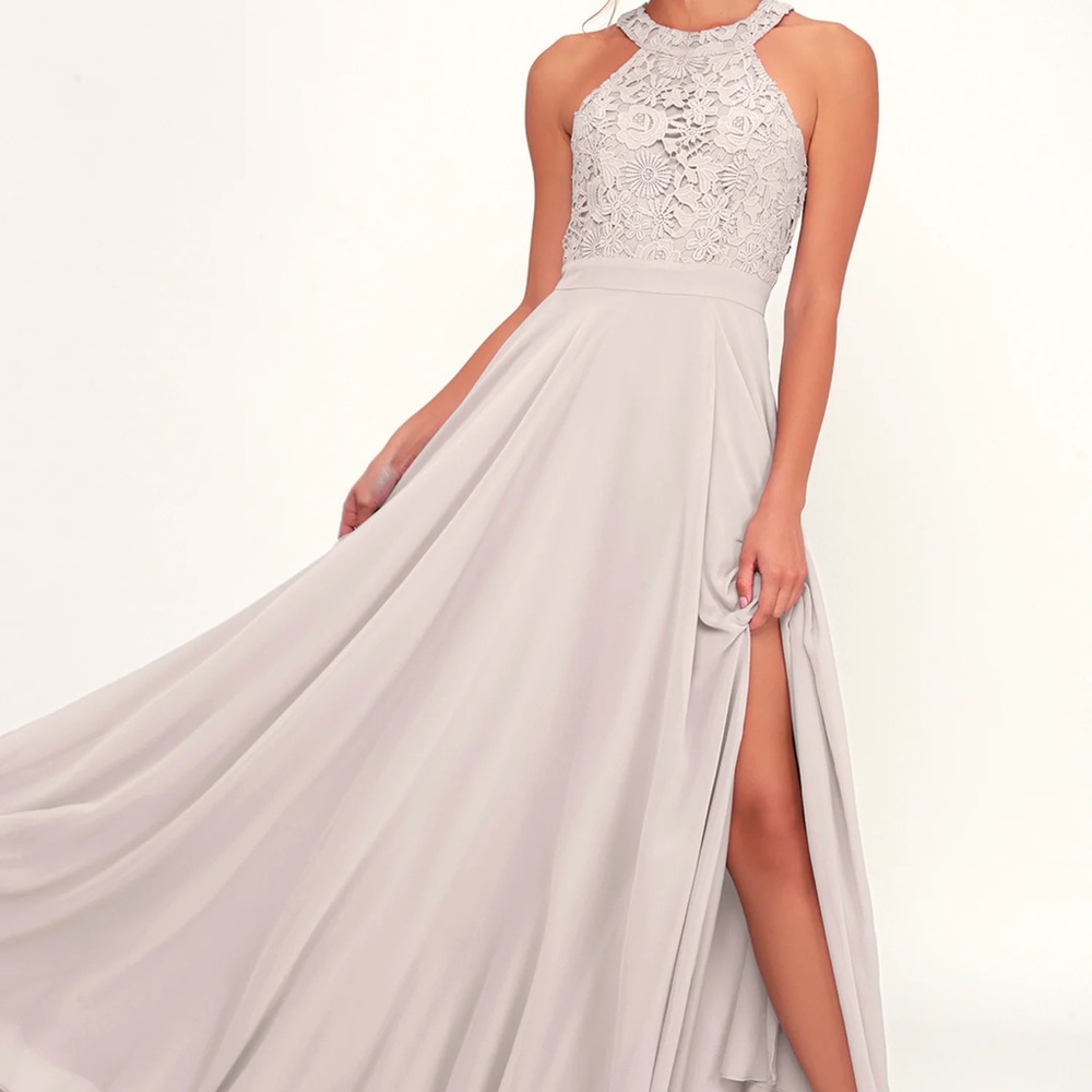 Lulu's Halter Lace Bodice Prom Dress in Light Gray